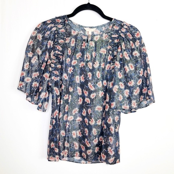 REBECCA Taylor navy blue floral sheer shimmer blouse - Picture 9 of 9